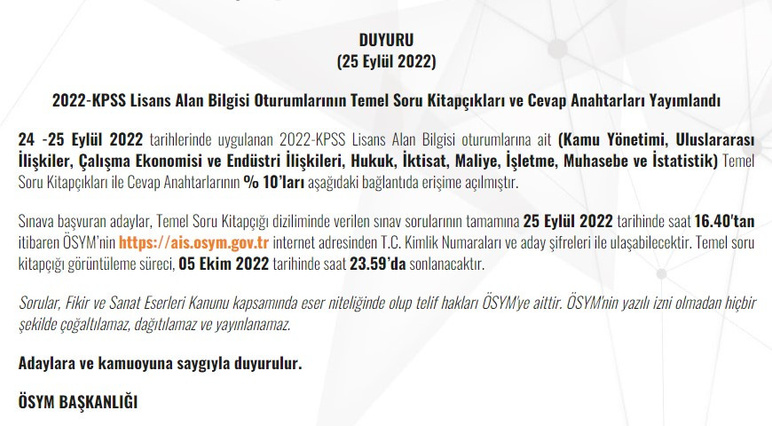 2022 KPSS Lisans alan bilgisi oturumlarının soru kitapçıkları yayınlandı