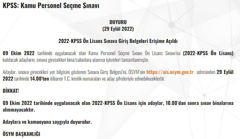 KPSS Ön lisans sınava giriş belgeleri erişime açıldı