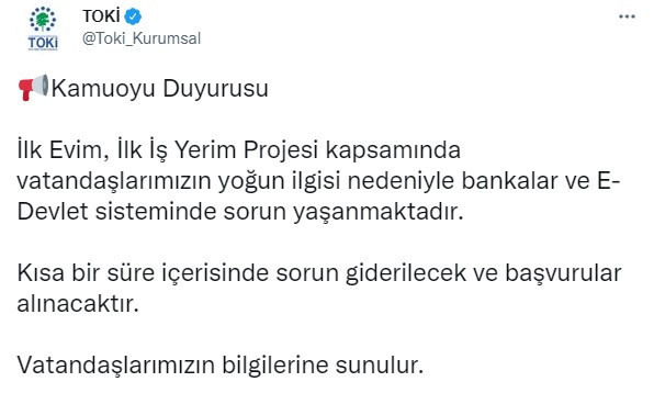 10 Ekim 2022 TOKİ başvuru sayfası açılmıyor e-devlet çöktü mü?