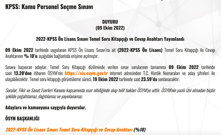 KPSS 2022 Ön lisans soru kitapçığı ve cevap anahtarı yayınlandı