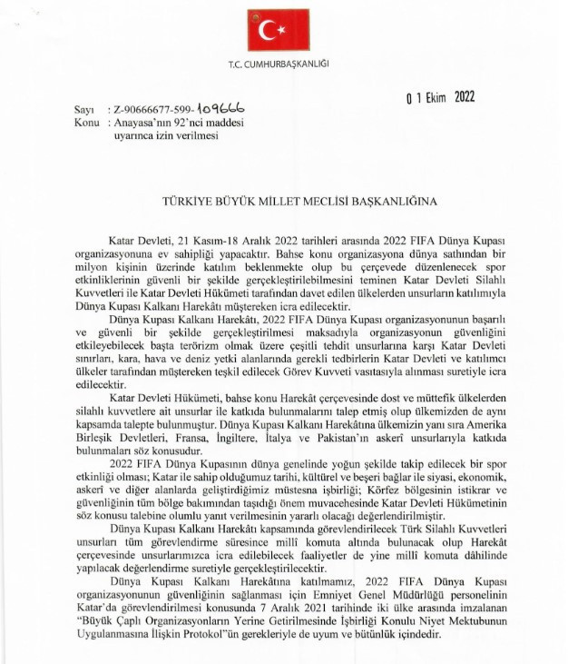 TBMM Genel Kurulu'nda kabul edildi! TSK Dünya Kupası Kalkanı Harekatı kapsamında Katar'da olacak