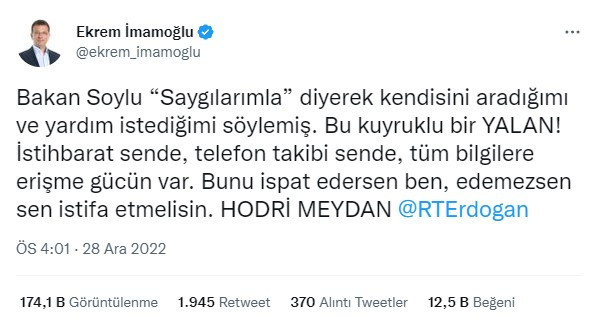Ekrem İmamoğlu'ndan İçişleri Bakanı Süleyman Soylu'nun iddialarına yanıt geldi