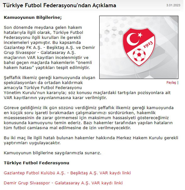 TFF'den Sivasspor Galatasaray ve Gaziantep FK Beşiktaş maçı VAR kayıtları açıklandı