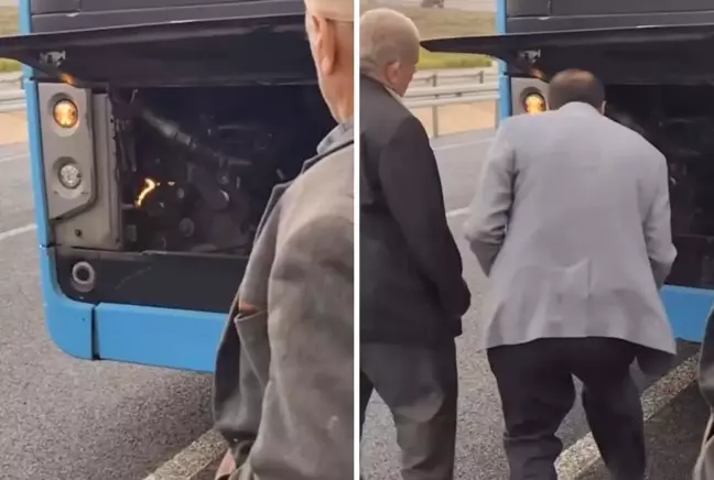 Otobüsün Motorunda Çıkan Yangını Üfleyerek Söndürmeye Çalıştı